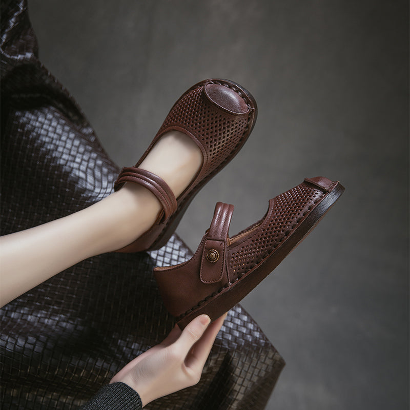 Perforated Leather Mary Jane Flats for Women Breathable Handmade Retro Velcro Shoes in Dark Brown/Camel