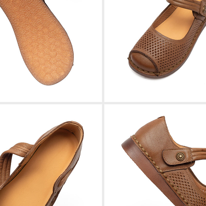 Perforated Leather Mary Jane Flats for Women Breathable Handmade Retro Velcro Shoes in Dark Brown/Camel