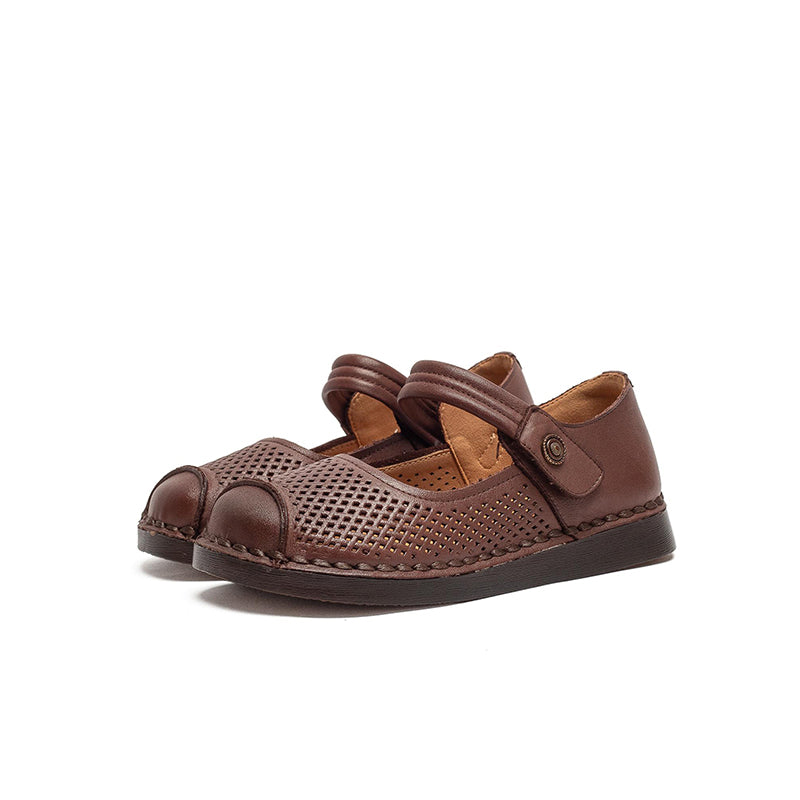 Perforated Leather Mary Jane Flats for Women Breathable Handmade Retro Velcro Shoes in Dark Brown/Camel