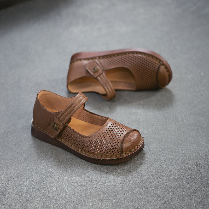 Perforated Leather Mary Jane Flats for Women Breathable Handmade Retro Velcro Shoes in Dark Brown/Camel