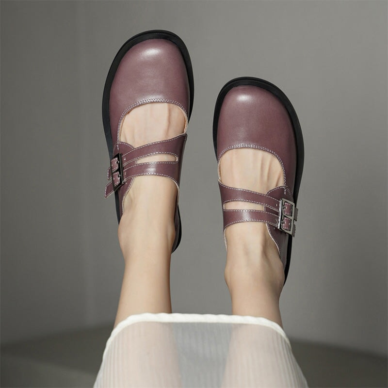 Preppy Double-Strap Cowhide Mary Jane Shoes in Black/Apricot/Purple