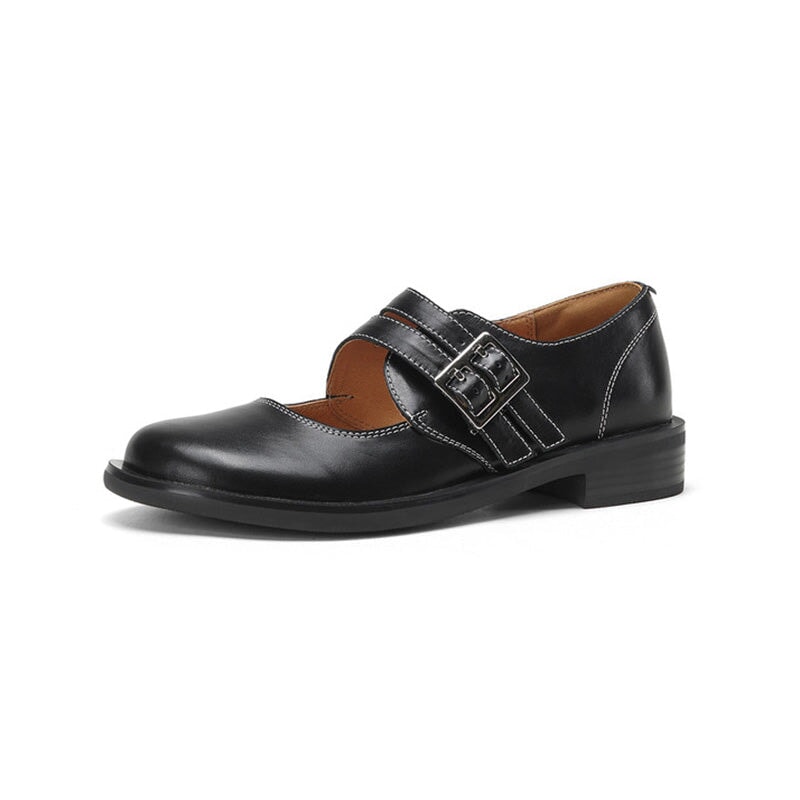 Preppy Double-Strap Cowhide Mary Jane Shoes in Black/Apricot/Purple