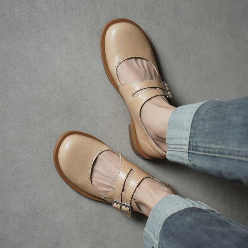 Preppy Double-Strap Cowhide Mary Jane Shoes in Black/Apricot/Purple