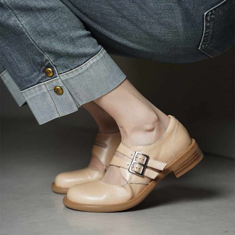 Preppy Double-Strap Cowhide Mary Jane Shoes in Black/Apricot/Purple