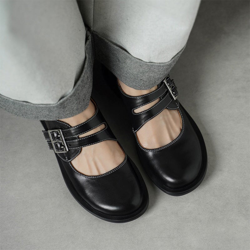 Preppy Double-Strap Cowhide Mary Jane Shoes in Black/Apricot/Purple