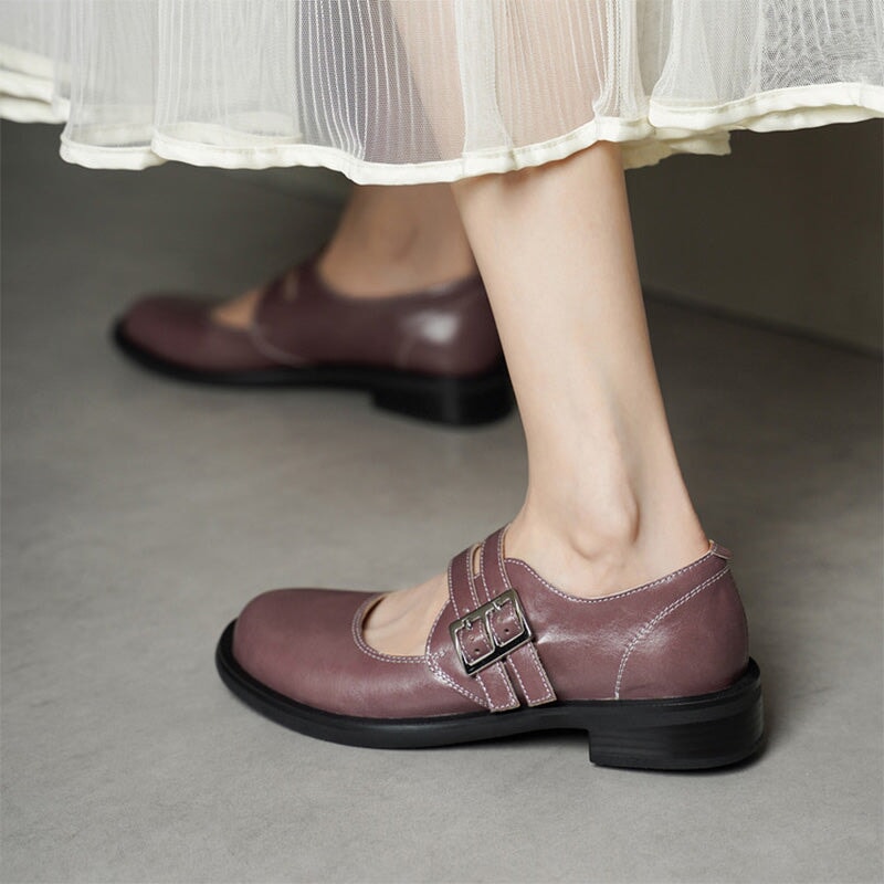 Preppy Double-Strap Cowhide Mary Jane Shoes in Black/Apricot/Purple