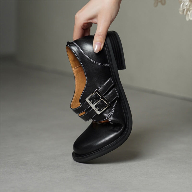 Preppy Double-Strap Cowhide Mary Jane Shoes in Black/Apricot/Purple