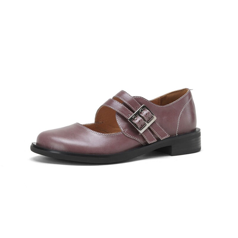 Preppy Double-Strap Cowhide Mary Jane Shoes in Black/Apricot/Purple