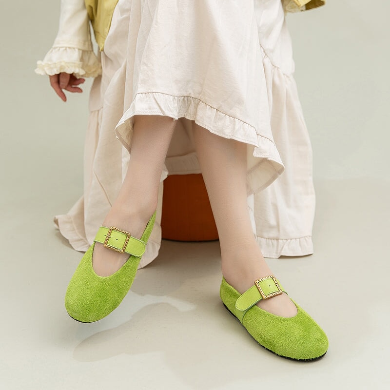 Preppy Style Mary Jane Flats Soft Suede Leather Shoes for Women in Green/Purple/Beige