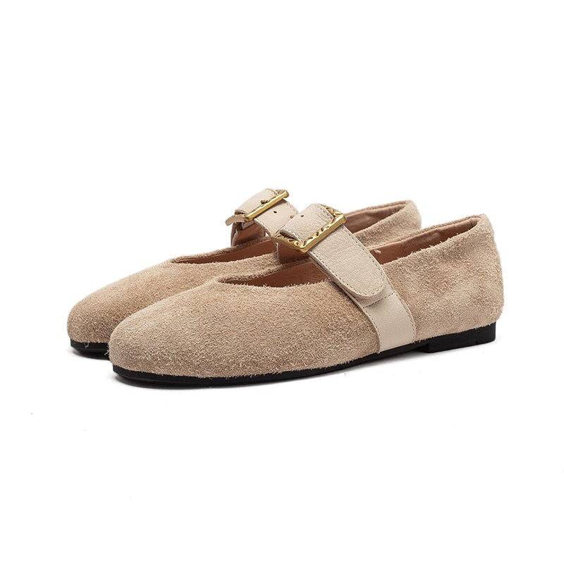 Preppy Style Mary Jane Flats Soft Suede Leather Shoes for Women in Green/Purple/Beige