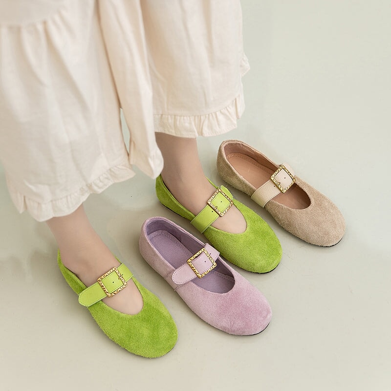 Preppy Style Mary Jane Flats Soft Suede Leather Shoes for Women in Green/Purple/Beige