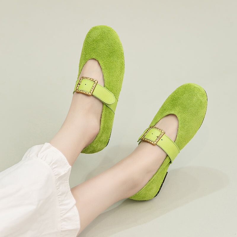 Preppy Style Mary Jane Flats Soft Suede Leather Shoes for Women in Green/Purple/Beige
