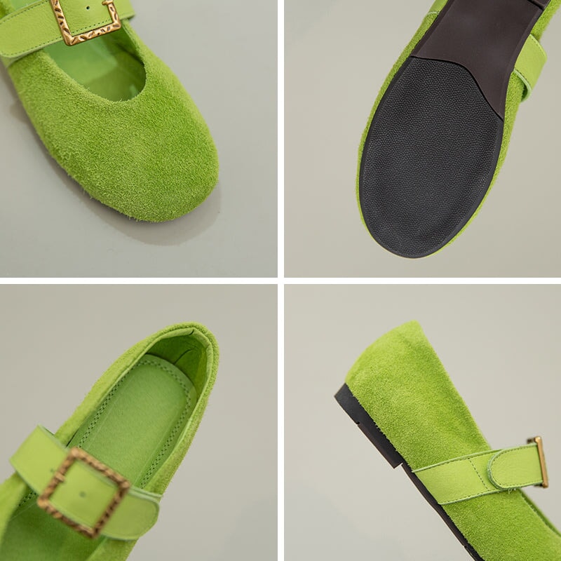 Preppy Style Mary Jane Flats Soft Suede Leather Shoes for Women in Green/Purple/Beige