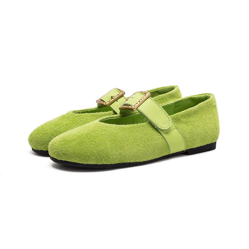 Preppy Style Mary Jane Flats Soft Suede Leather Shoes for Women in Green/Purple/Beige