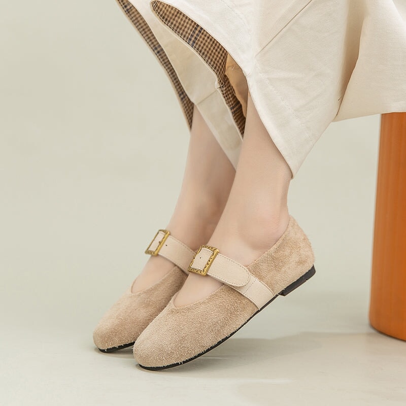 Preppy Style Mary Jane Flats Soft Suede Leather Shoes for Women in Green/Purple/Beige