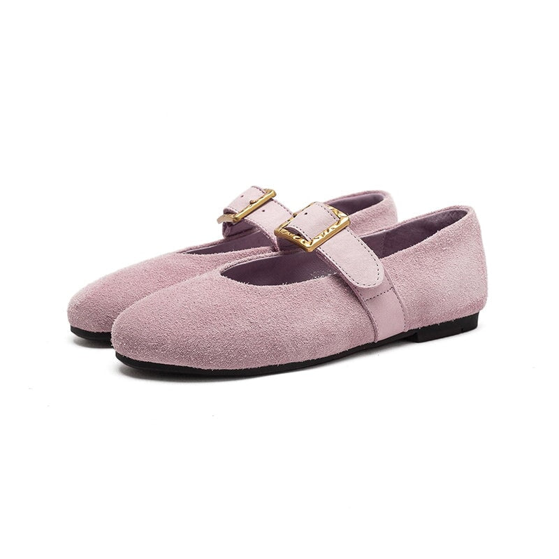 Preppy Style Mary Jane Flats Soft Suede Leather Shoes for Women in Green/Purple/Beige
