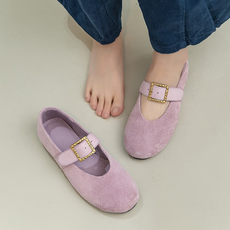 Preppy Style Mary Jane Flats Soft Suede Leather Shoes for Women in Green/Purple/Beige