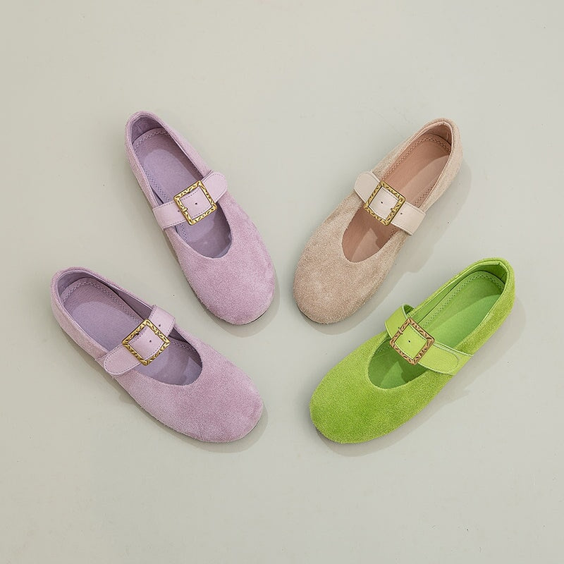 Preppy Style Mary Jane Flats Soft Suede Leather Shoes for Women in Green/Purple/Beige