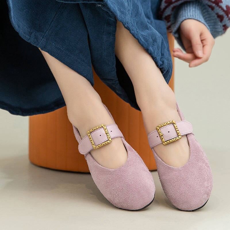 Preppy Style Mary Jane Flats Soft Suede Leather Shoes for Women in Green/Purple/Beige