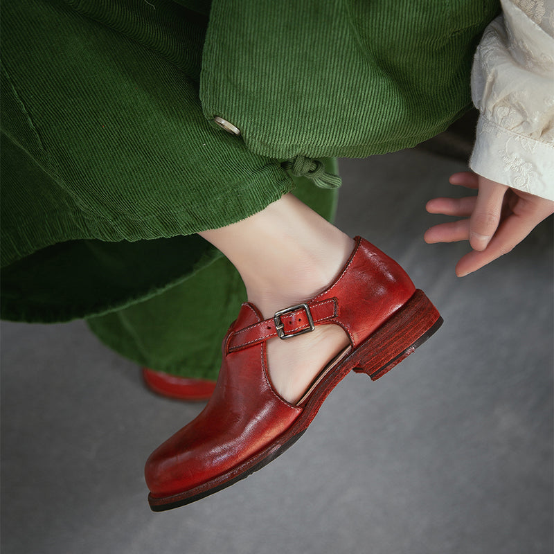 Preppy Styles Handmade Horse Leather T-Strap Mary Jane Sandals in Amber/Red