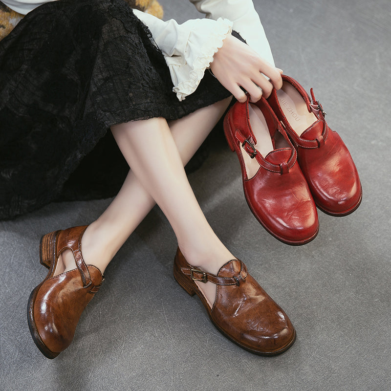 Preppy Styles Handmade Horse Leather T-Strap Mary Jane Sandals in Amber/Red