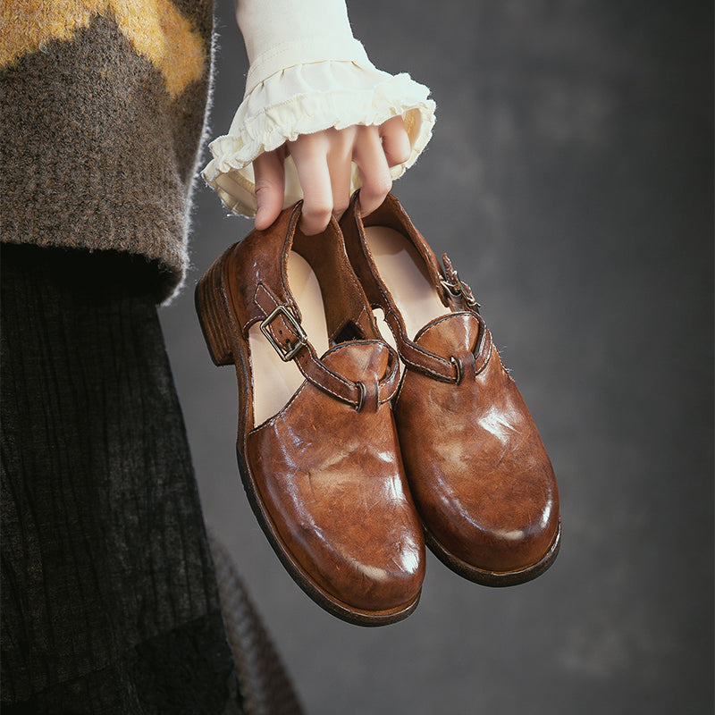 Preppy Styles Handmade Horse Leather T-Strap Mary Jane Sandals in Amber/Red