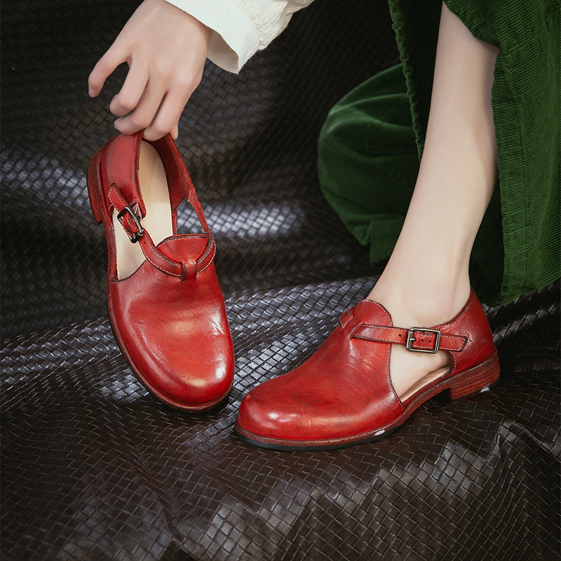 Preppy Styles Handmade Horse Leather T-Strap Mary Jane Sandals in Amber/Red