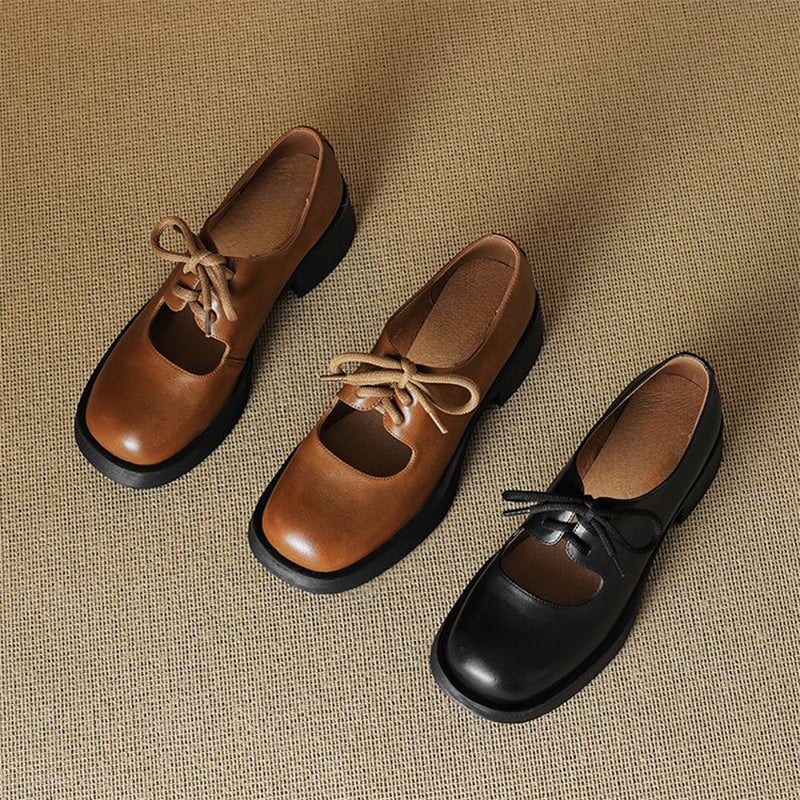 Preppy Styles Platform Lace-Up Mary Jane Oxfords for Women in Black/Brown