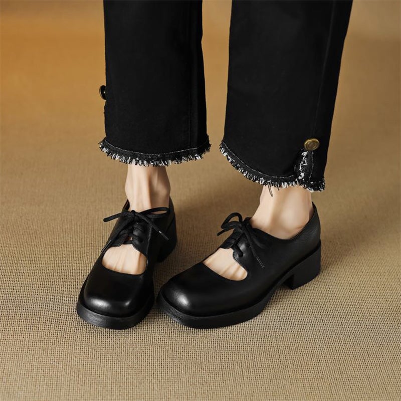 Preppy Styles Platform Lace-Up Mary Jane Oxfords for Women in Black/Brown
