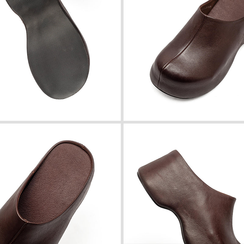 Retro Chunky Heel Leather Mule Slippers Handmade Platform Mules for Women in Black/Coffee