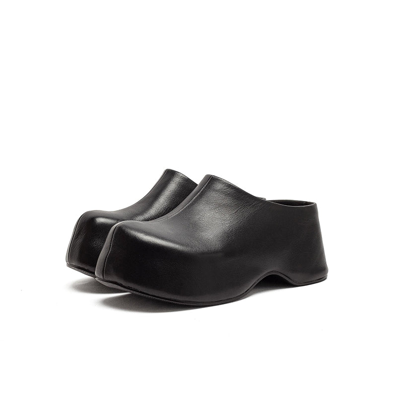 Retro Chunky Heel Leather Mule Slippers Handmade Platform Mules for Women in Black/Coffee