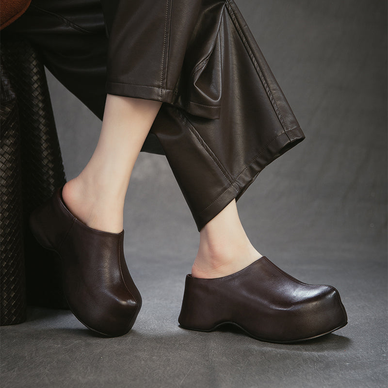 Retro Chunky Heel Leather Mule Slippers Handmade Platform Mules for Women in Black/Coffee