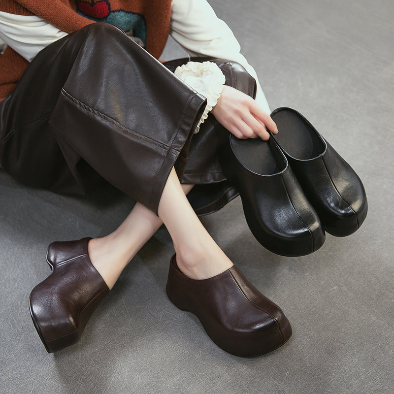 Retro Chunky Heel Leather Mule Slippers Handmade Platform Mules for Women in Black/Coffee