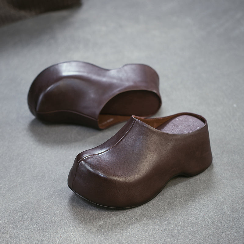 Retro Chunky Heel Leather Mule Slippers Handmade Platform Mules for Women in Black/Coffee