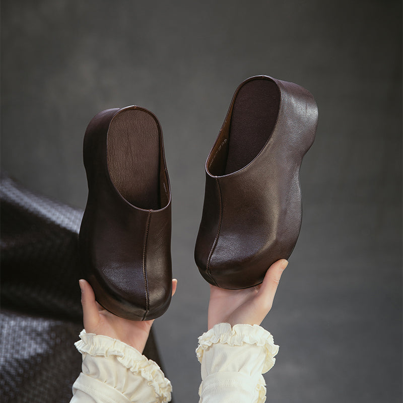 Retro Chunky Heel Leather Mule Slippers Handmade Platform Mules for Women in Black/Coffee