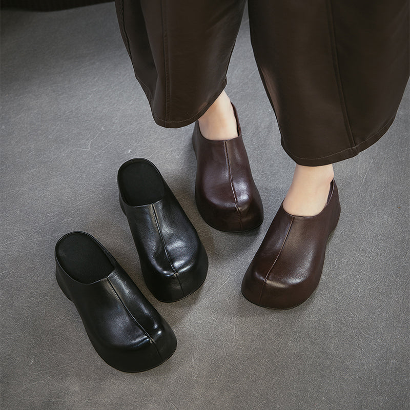 Retro Chunky Heel Leather Mule Slippers Handmade Platform Mules for Women in Black/Coffee