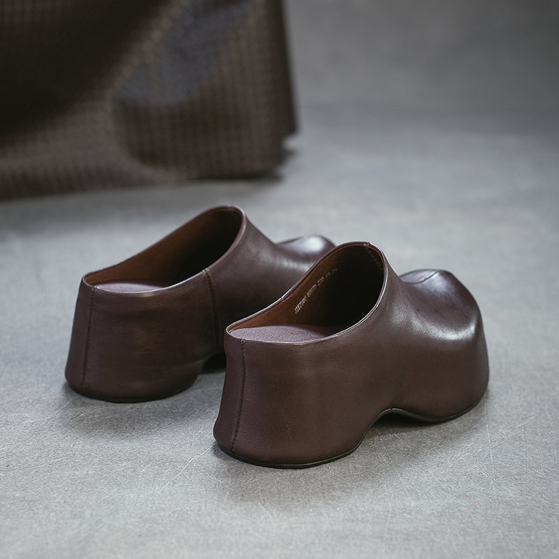 Retro Chunky Heel Leather Mule Slippers Handmade Platform Mules for Women in Black/Coffee