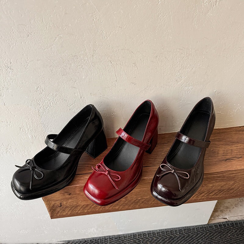 Retro Cow Leather 75mm Chunky Mary Jane Pumps with Bow in Brown/Black/Red