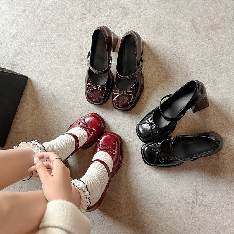 Retro Cow Leather 75mm Chunky Mary Jane Pumps with Bow in Brown/Black/Red