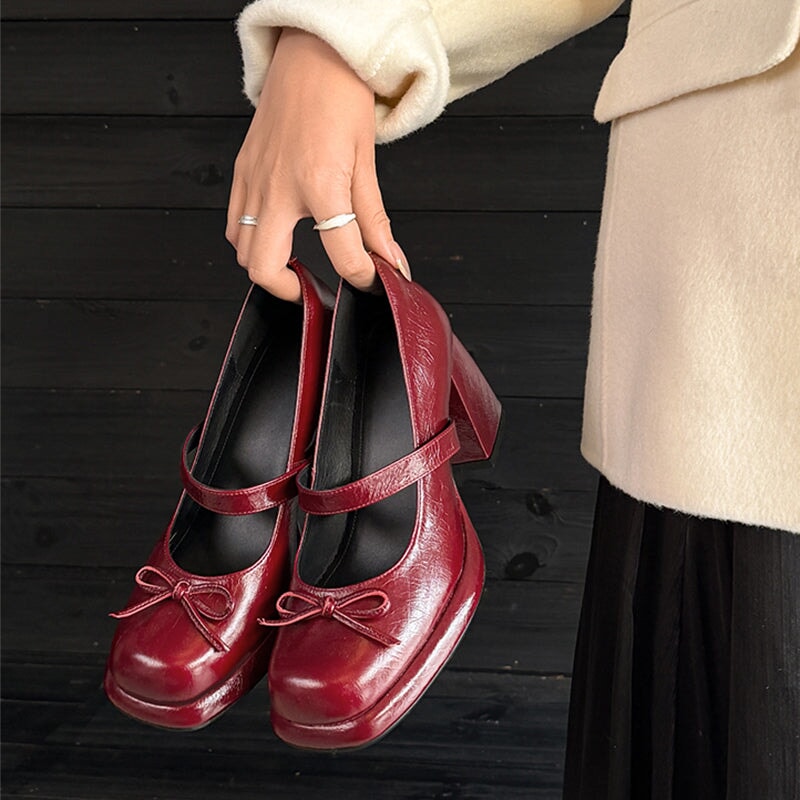 Retro Cow Leather 75mm Chunky Mary Jane Pumps with Bow in Brown/Black/Red