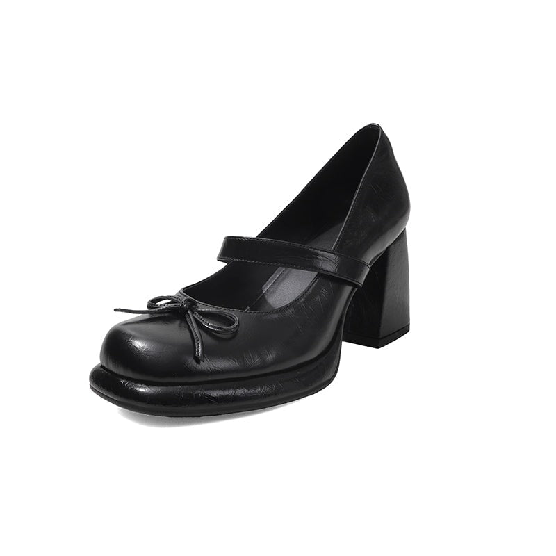 Retro Cow Leather 75mm Chunky Mary Jane Pumps with Bow in Brown/Black/Red