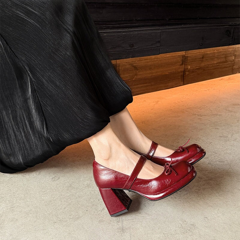 Retro Cow Leather 75mm Chunky Mary Jane Pumps with Bow in Brown/Black/Red