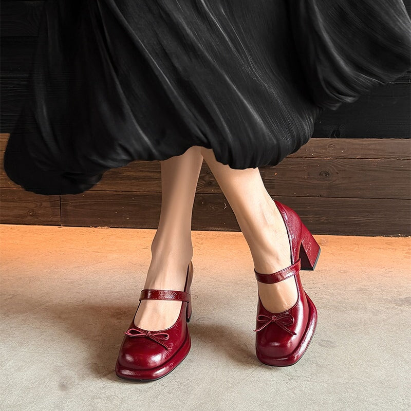 Retro Cow Leather 75mm Chunky Mary Jane Pumps with Bow in Brown/Black/Red