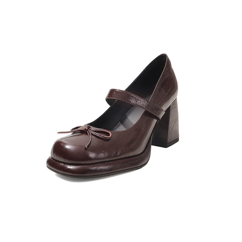Retro Cow Leather 75mm Chunky Mary Jane Pumps with Bow in Brown/Black/Red