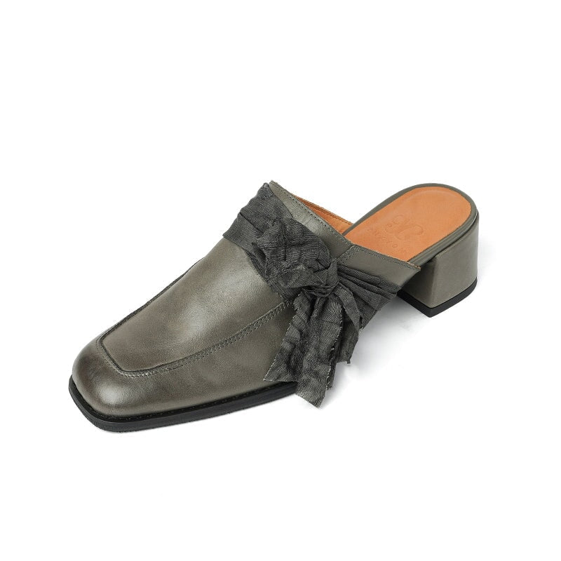Retro Cow Leather Bow Tie Mules Square Toe Slippers for Women in Black/Grey/Apricot