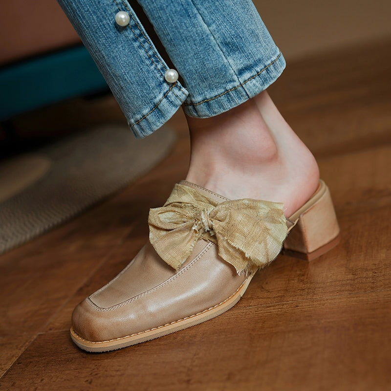 Retro Cow Leather Bow Tie Mules Square Toe Slippers for Women in Black/Grey/Apricot