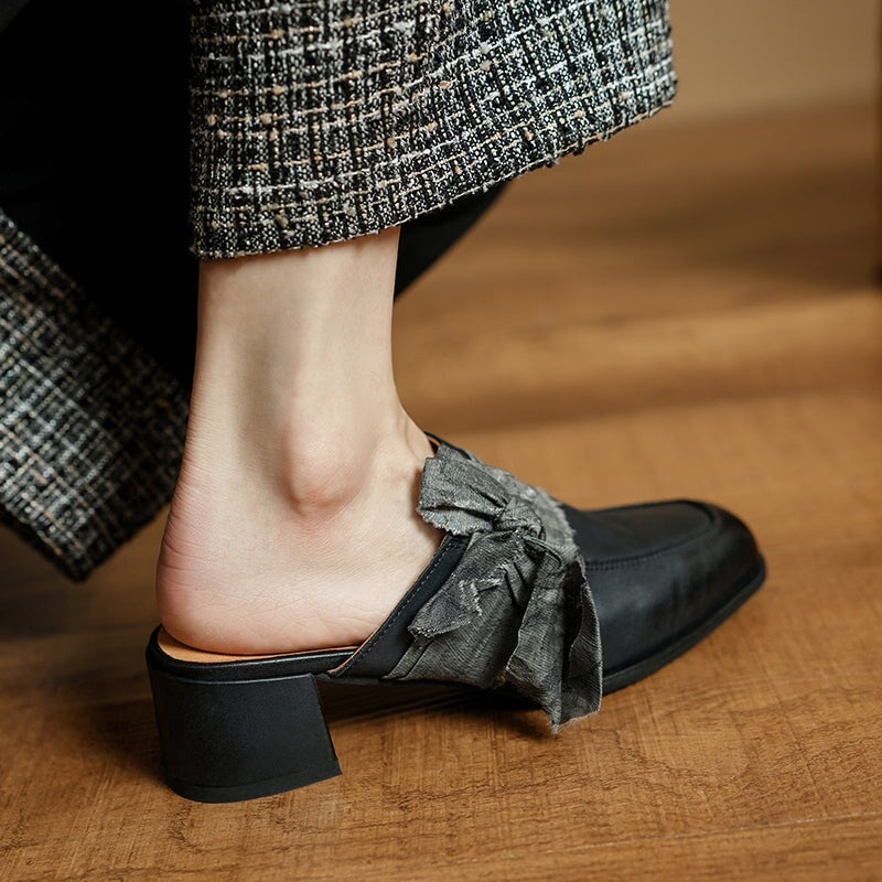 Retro Cow Leather Bow Tie Mules Square Toe Slippers for Women in Black/Grey/Apricot