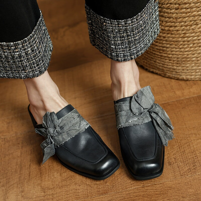 Retro Cow Leather Bow Tie Mules Square Toe Slippers for Women in Black/Grey/Apricot