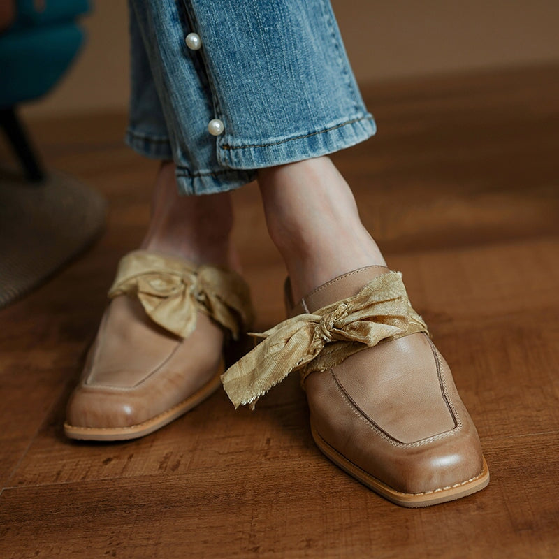 Retro Cow Leather Bow Tie Mules Square Toe Slippers for Women in Black/Grey/Apricot