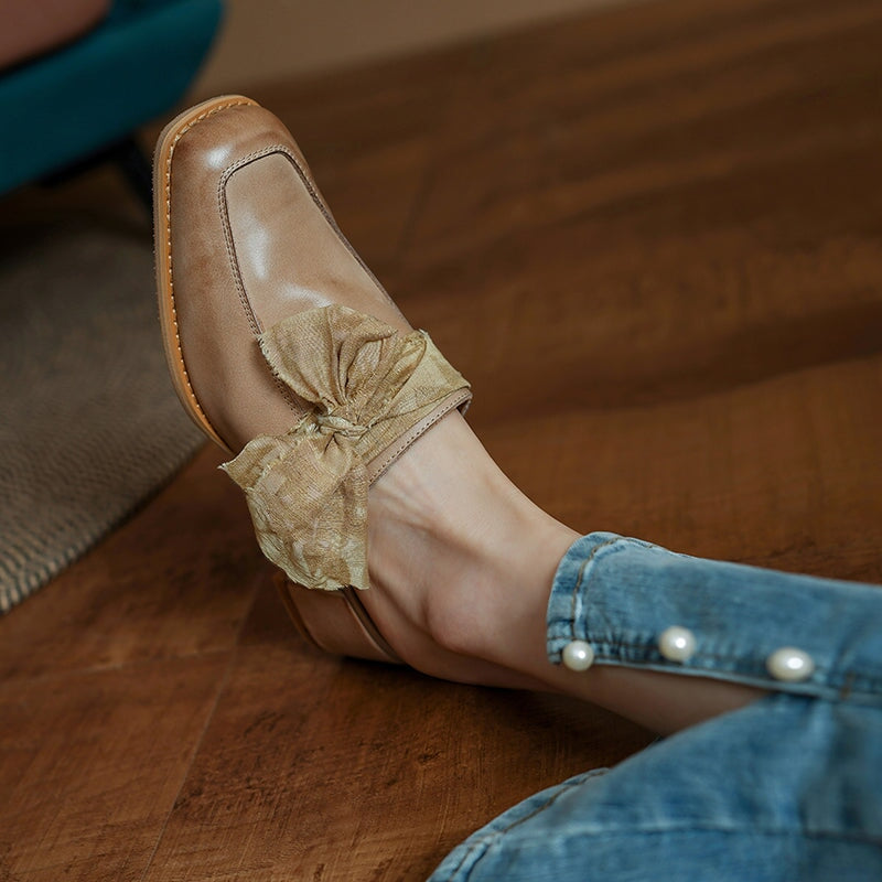 Retro Cow Leather Bow Tie Mules Square Toe Slippers for Women in Black/Grey/Apricot